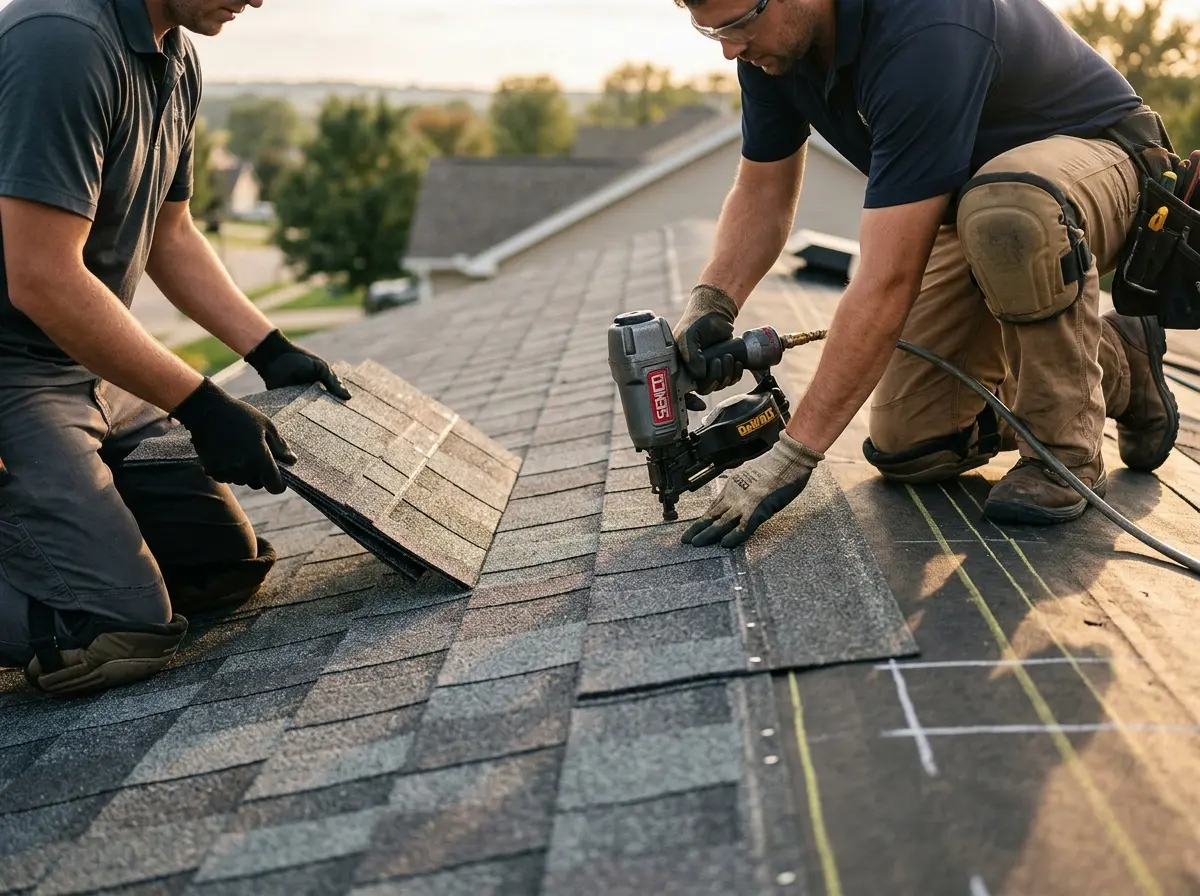 Professional roofer working on a residential roof in Rincon Valley